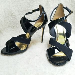 Ted Baker Albace Black Patent Leather Suede Gold Strappy Stilleto Heels  Sz 8